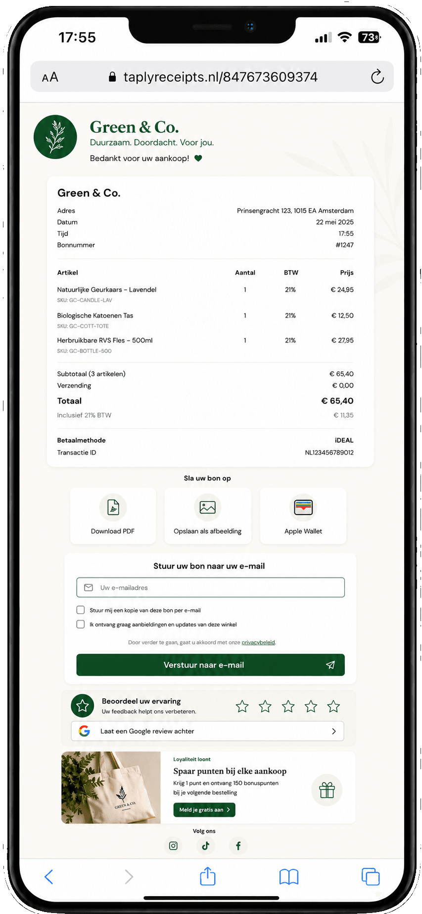 A digital Taply receipt opened on a customer’s phone